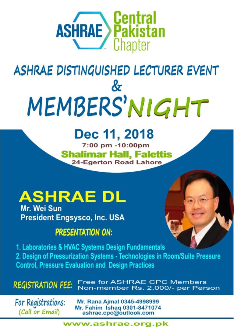 “ASHRAE DISTINGUISHED LECTURER & MEMBERS NIGHT” along with sponsorship opportunity DEC-11-2018